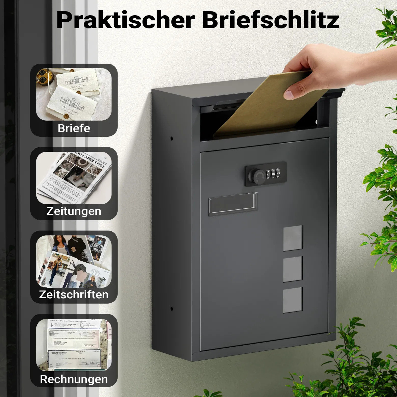 Wiltec Briefkasten anthrazit 215x320x90mm Briefkasten mit Zahlenschloss, Namensschild und Sichtfenster Postkasten aus pulverbeschichtetem Stahl