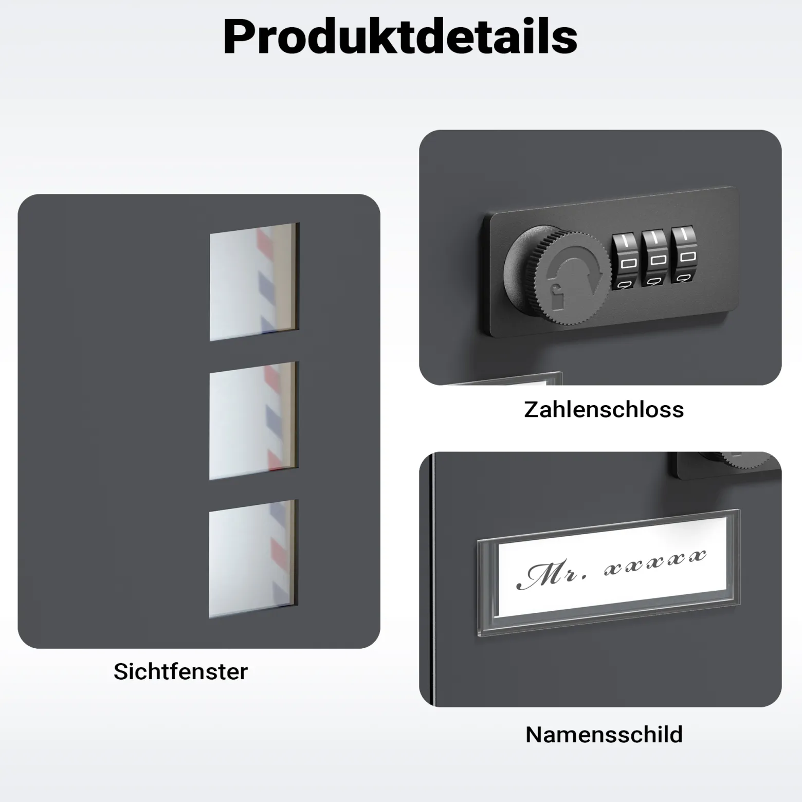 Wiltec Briefkasten anthrazit 215x320x90mm Briefkasten mit Zahlenschloss, Namensschild und Sichtfenster Postkasten aus pulverbeschichtetem Stahl