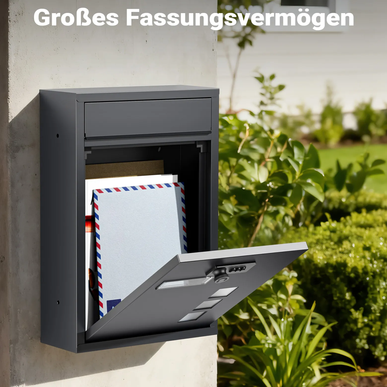 Wiltec Briefkasten anthrazit 215x320x90mm Briefkasten mit Zahlenschloss, Namensschild und Sichtfenster Postkasten aus pulverbeschichtetem Stahl