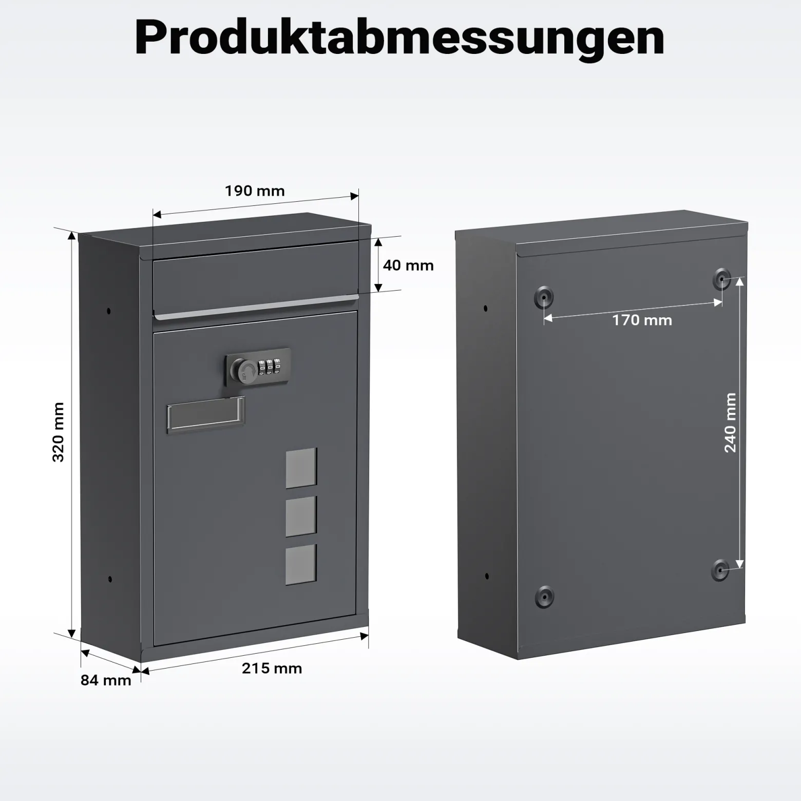 Wiltec Briefkasten anthrazit 215x320x90mm Briefkasten mit Zahlenschloss, Namensschild und Sichtfenster Postkasten aus pulverbeschichtetem Stahl