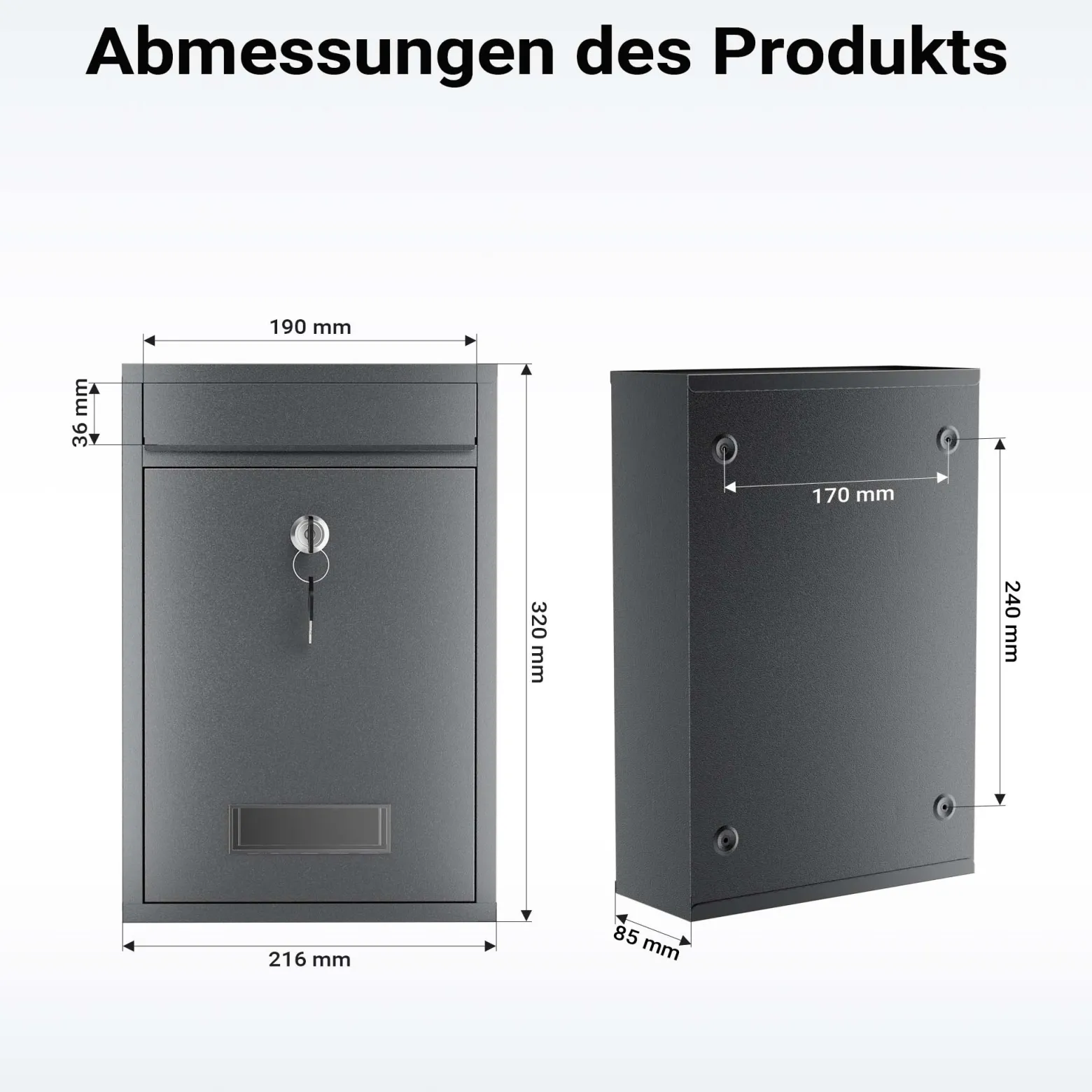 Wiltec Briefkasten anthrazit V2 Postkasten mit Namensschild, großem Briefschlitz und 2 Schlüsseln Wandbriefkasten aus pulverbeschichtetem Stahl