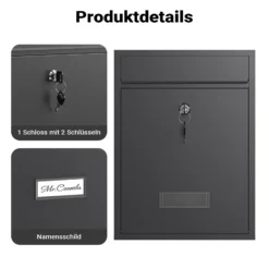 Wiltec Briefkasten anthrazit V10 Postkasten mit Namensschild, großem Briefschlitz und 2 Schlüsseln Wandbriefkasten aus pulverbeschichtetem Stahl