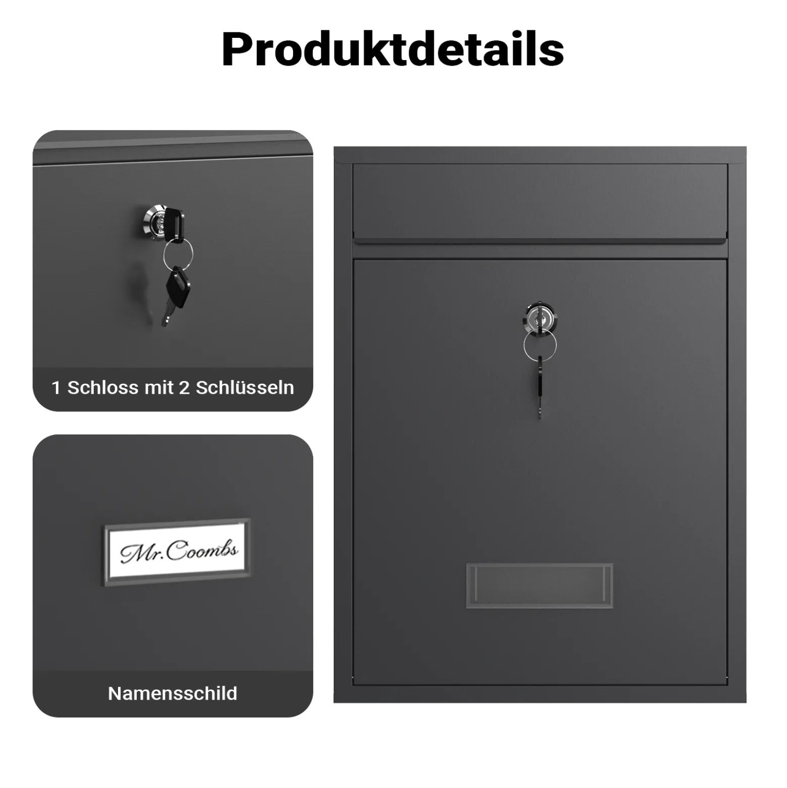 Wiltec Briefkasten anthrazit V10 Postkasten mit Namensschild, großem Briefschlitz und 2 Schlüsseln Wandbriefkasten aus pulverbeschichtetem Stahl