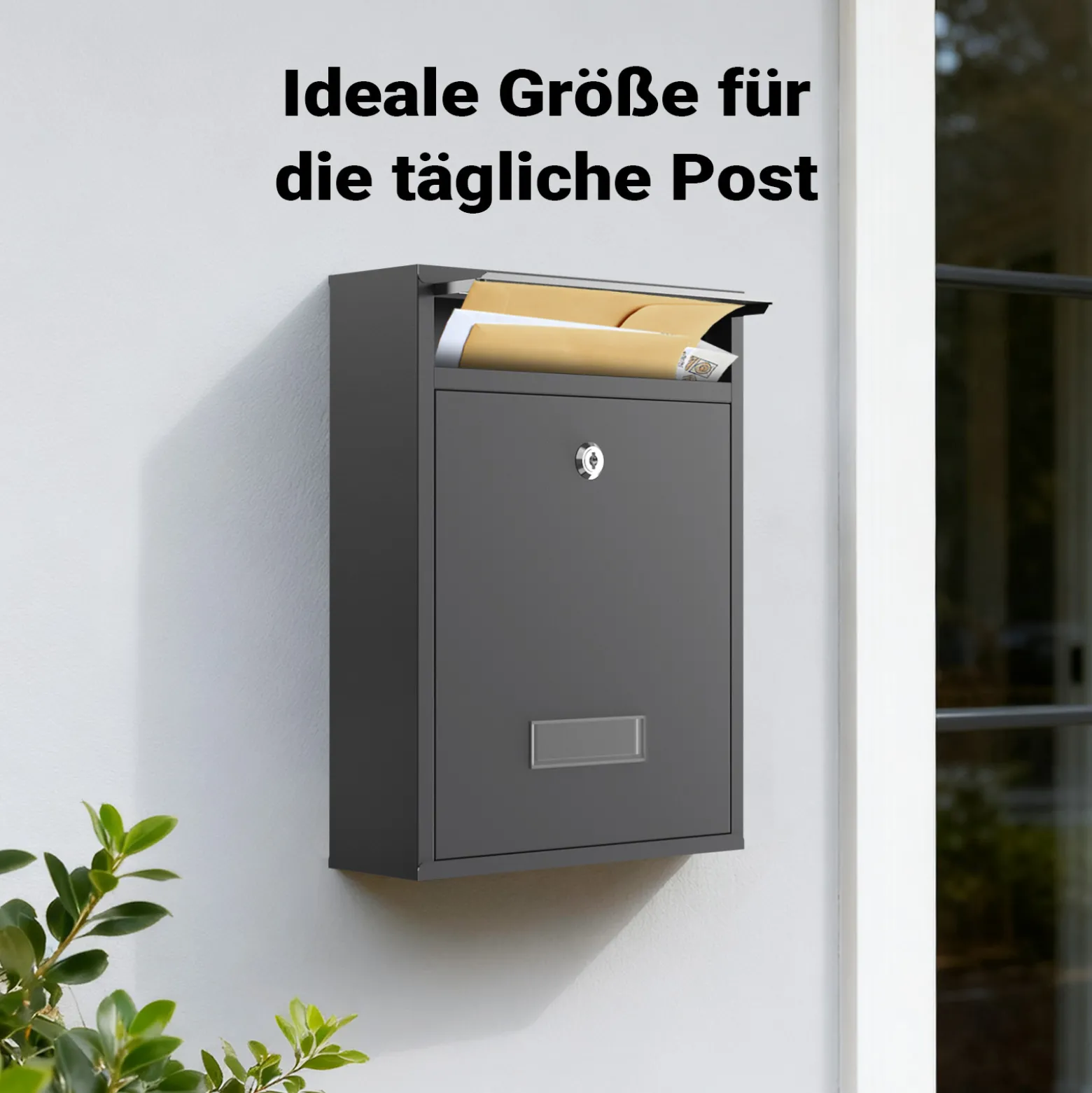 Wiltec Briefkasten anthrazit V10 Postkasten mit Namensschild, großem Briefschlitz und 2 Schlüsseln Wandbriefkasten aus pulverbeschichtetem Stahl