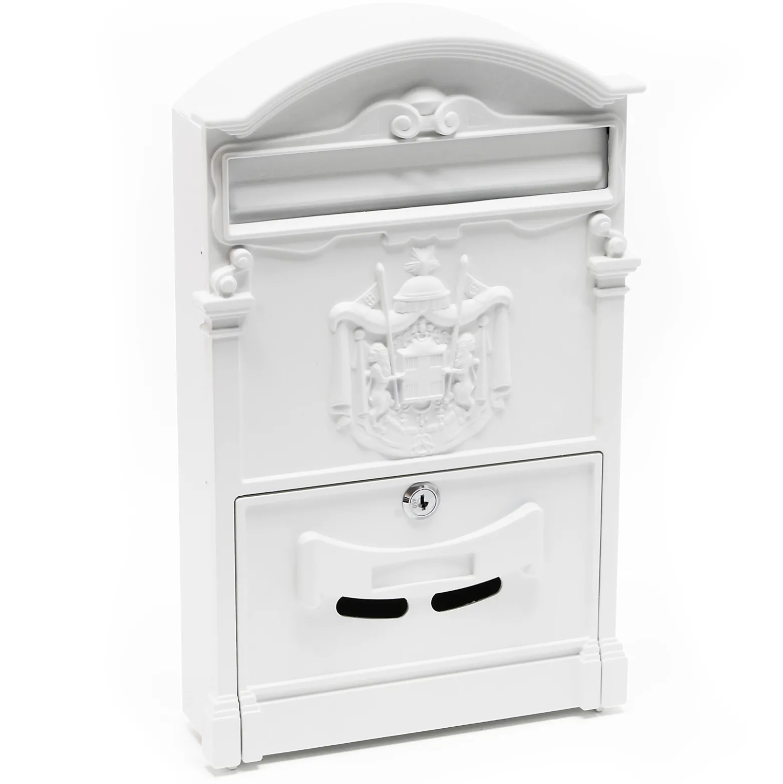 Wiltec Briefkasten Antik Design weiß 260 x 90 x 400 mm, Wandbriefkasten mit Schloss, Namensschild und Sichtschlitzen, Postkasten aus Stahl