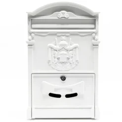 Wiltec Briefkasten Antik Design weiß 260 x 90 x 400 mm, Wandbriefkasten mit Schloss, Namensschild und Sichtschlitzen, Postkasten aus Stahl