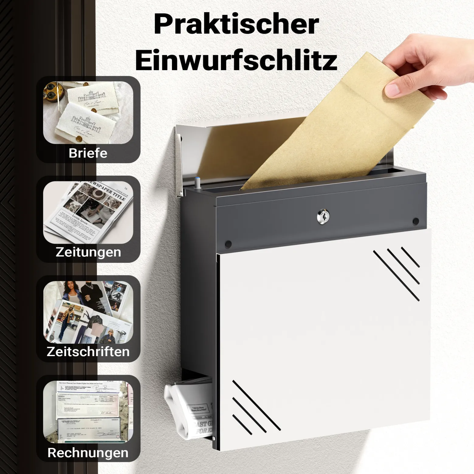 Wiltec Briefkasten Edelstahl V63 37 x 11 x 37 cm, Wandbriefkasten mit Zeitungsfach und Schlüssel