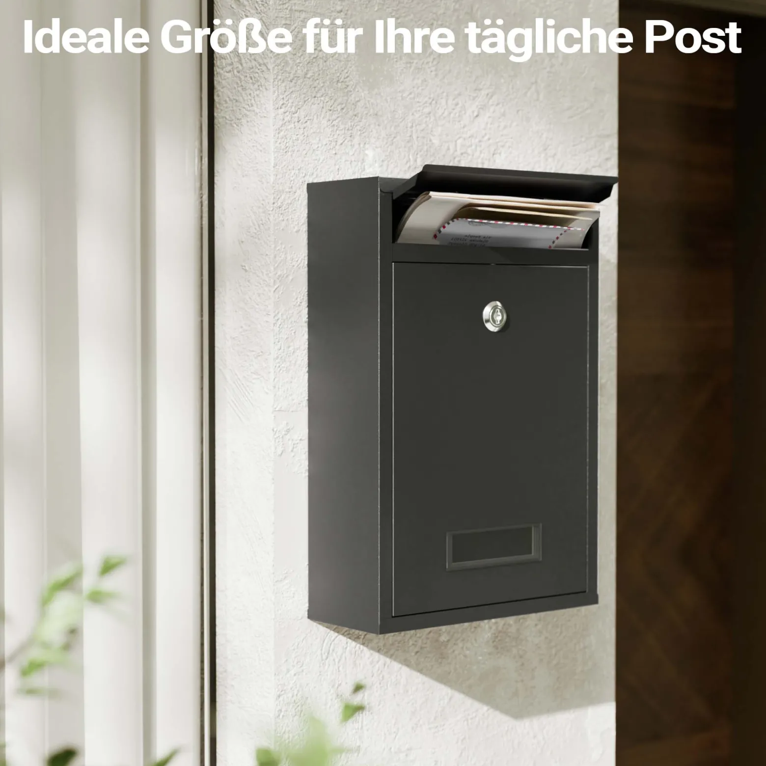 Wiltec Briefkasten schwarz V11 Postkasten mit Namensschild, großem Briefschlitz und 2 Schlüsseln Wandbriefkasten aus pulverbeschichtetem Stahl