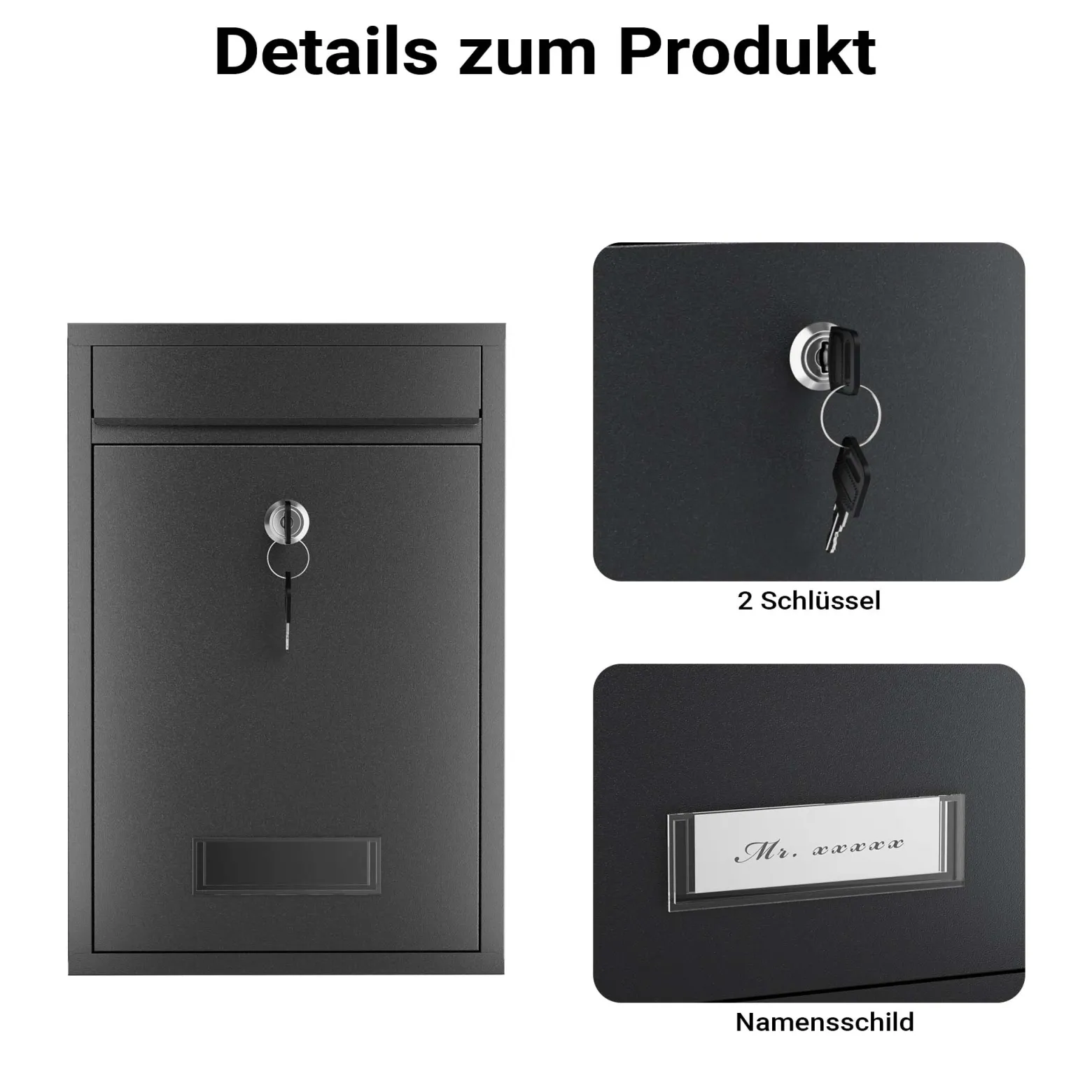 Wiltec Briefkasten schwarz V11 Postkasten mit Namensschild, großem Briefschlitz und 2 Schlüsseln Wandbriefkasten aus pulverbeschichtetem Stahl