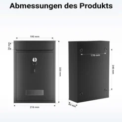 Wiltec Briefkasten schwarz V11 Postkasten mit Namensschild, großem Briefschlitz und 2 Schlüsseln Wandbriefkasten aus pulverbeschichtetem Stahl