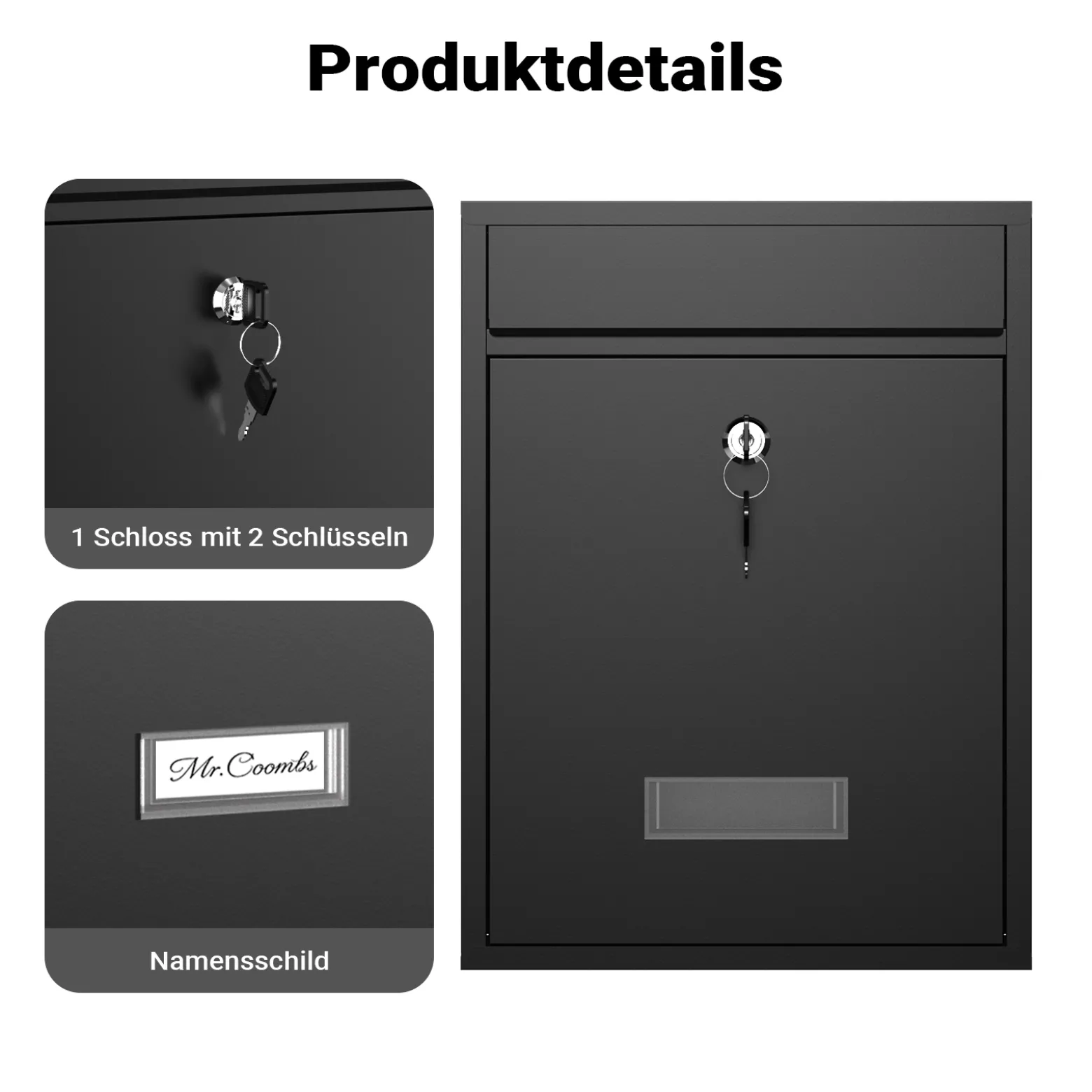 Wiltec Briefkasten schwarz V10 Postkasten mit Namensschild, großem Briefschlitz und 2 Schlüsseln Wandbriefkasten aus pulverbeschichtetem Stahl