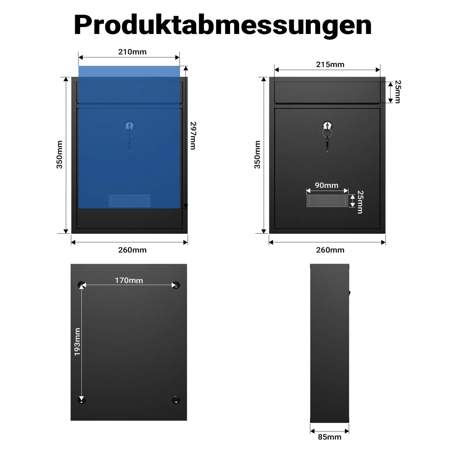 Wiltec Briefkasten schwarz V10 Postkasten mit Namensschild, großem Briefschlitz und 2 Schlüsseln Wandbriefkasten aus pulverbeschichtetem Stahl