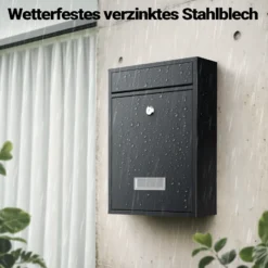 Wiltec Briefkasten schwarz V10 Postkasten mit Namensschild, großem Briefschlitz und 2 Schlüsseln Wandbriefkasten aus pulverbeschichtetem Stahl
