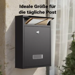 Wiltec Briefkasten schwarz V10 Postkasten mit Namensschild, großem Briefschlitz und 2 Schlüsseln Wandbriefkasten aus pulverbeschichtetem Stahl