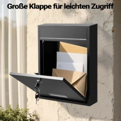 Wiltec Briefkasten schwarz V10 Postkasten mit Namensschild, großem Briefschlitz und 2 Schlüsseln Wandbriefkasten aus pulverbeschichtetem Stahl