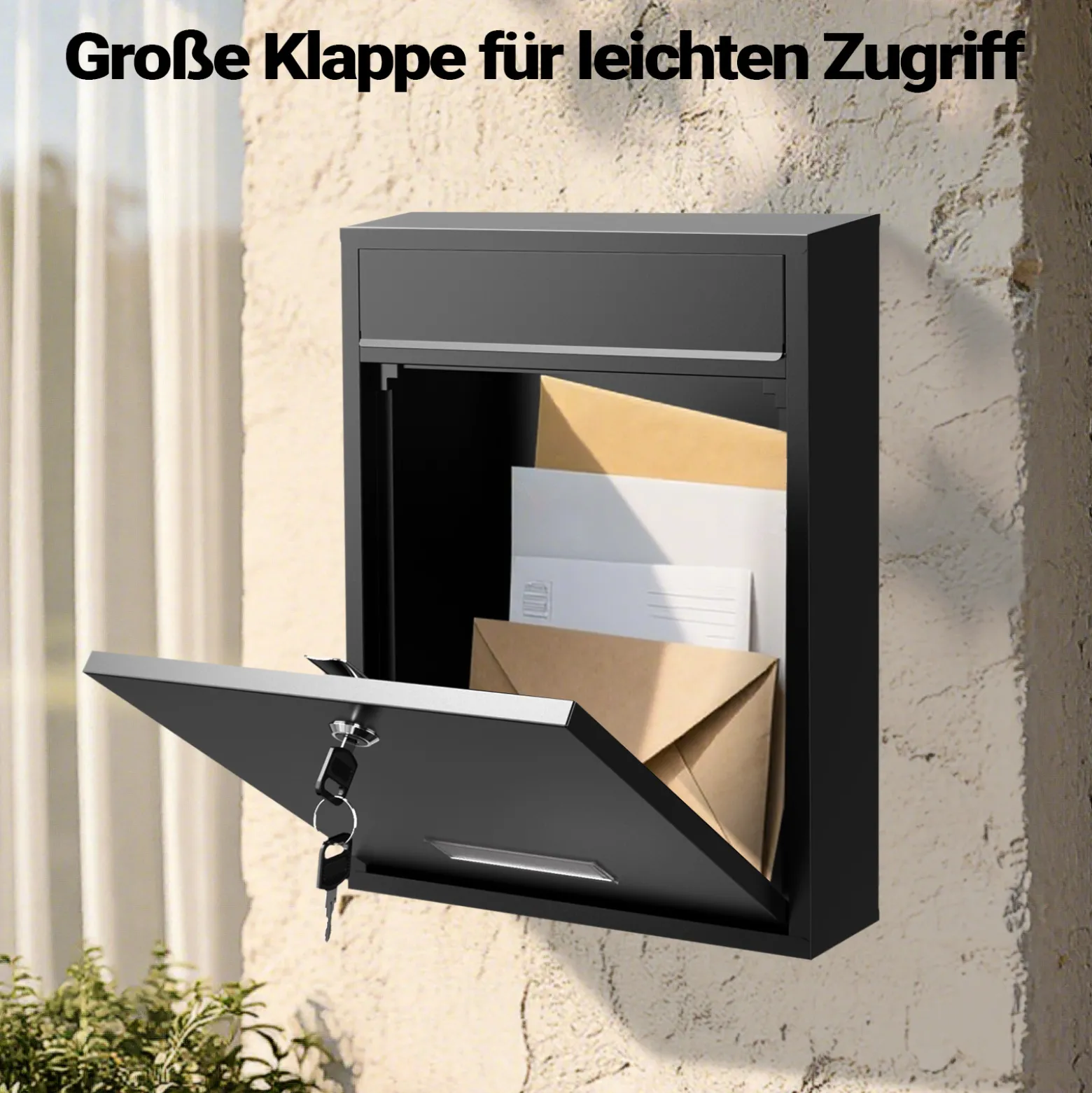 Wiltec Briefkasten schwarz V10 Postkasten mit Namensschild, großem Briefschlitz und 2 Schlüsseln Wandbriefkasten aus pulverbeschichtetem Stahl