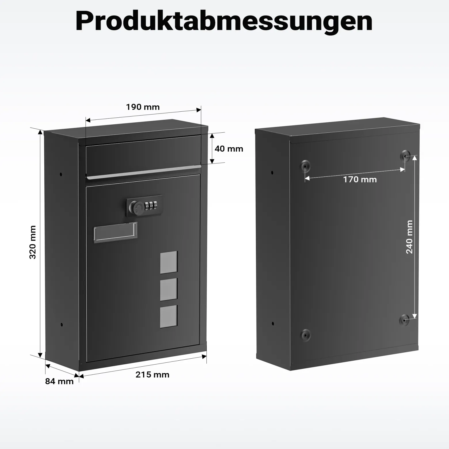 Wiltec Briefkasten schwarz 215x320x90mm Briefkasten mit Zahlenschloss, Namensschild und Sichtfenster Postkasten aus pulverbeschichtetem Stahl