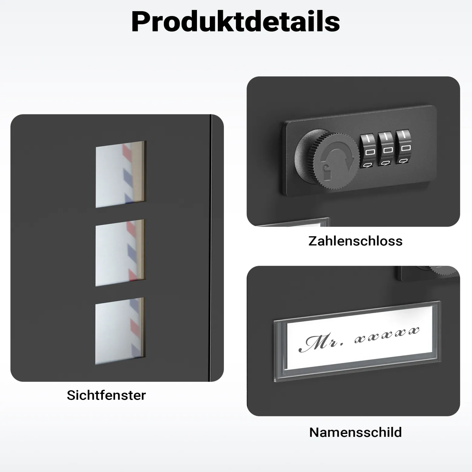 Wiltec Briefkasten schwarz 215x320x90mm Briefkasten mit Zahlenschloss, Namensschild und Sichtfenster Postkasten aus pulverbeschichtetem Stahl