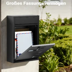 Wiltec Briefkasten schwarz 215x320x90mm Briefkasten mit Zahlenschloss, Namensschild und Sichtfenster Postkasten aus pulverbeschichtetem Stahl