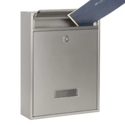 Wiltec Briefkasten silberfarben V10 Postkasten mit Namensschild, großem Briefschlitz und 2 Schlüsseln Wandbriefkasten aus pulverbeschichtetem Stahl