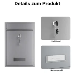 Wiltec Briefkasten silberfarben V11 Postkasten mit Namensschild, großem Briefschlitz und 2 Schlüsseln Wandbriefkasten aus pulverbeschichtetem Stahl
