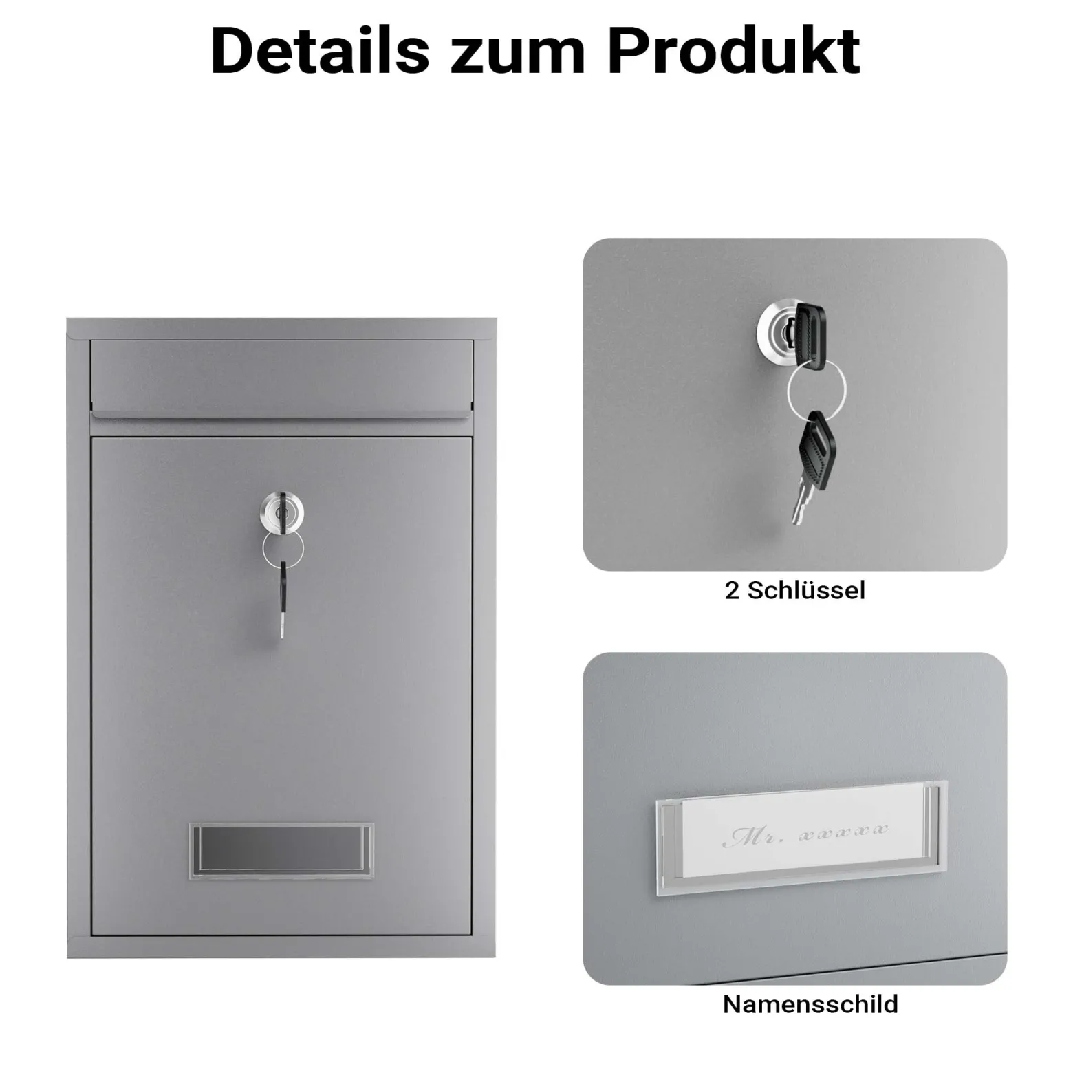 Wiltec Briefkasten silberfarben V11 Postkasten mit Namensschild, großem Briefschlitz und 2 Schlüsseln Wandbriefkasten aus pulverbeschichtetem Stahl