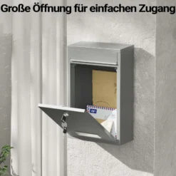 Wiltec Briefkasten silberfarben V11 Postkasten mit Namensschild, großem Briefschlitz und 2 Schlüsseln Wandbriefkasten aus pulverbeschichtetem Stahl