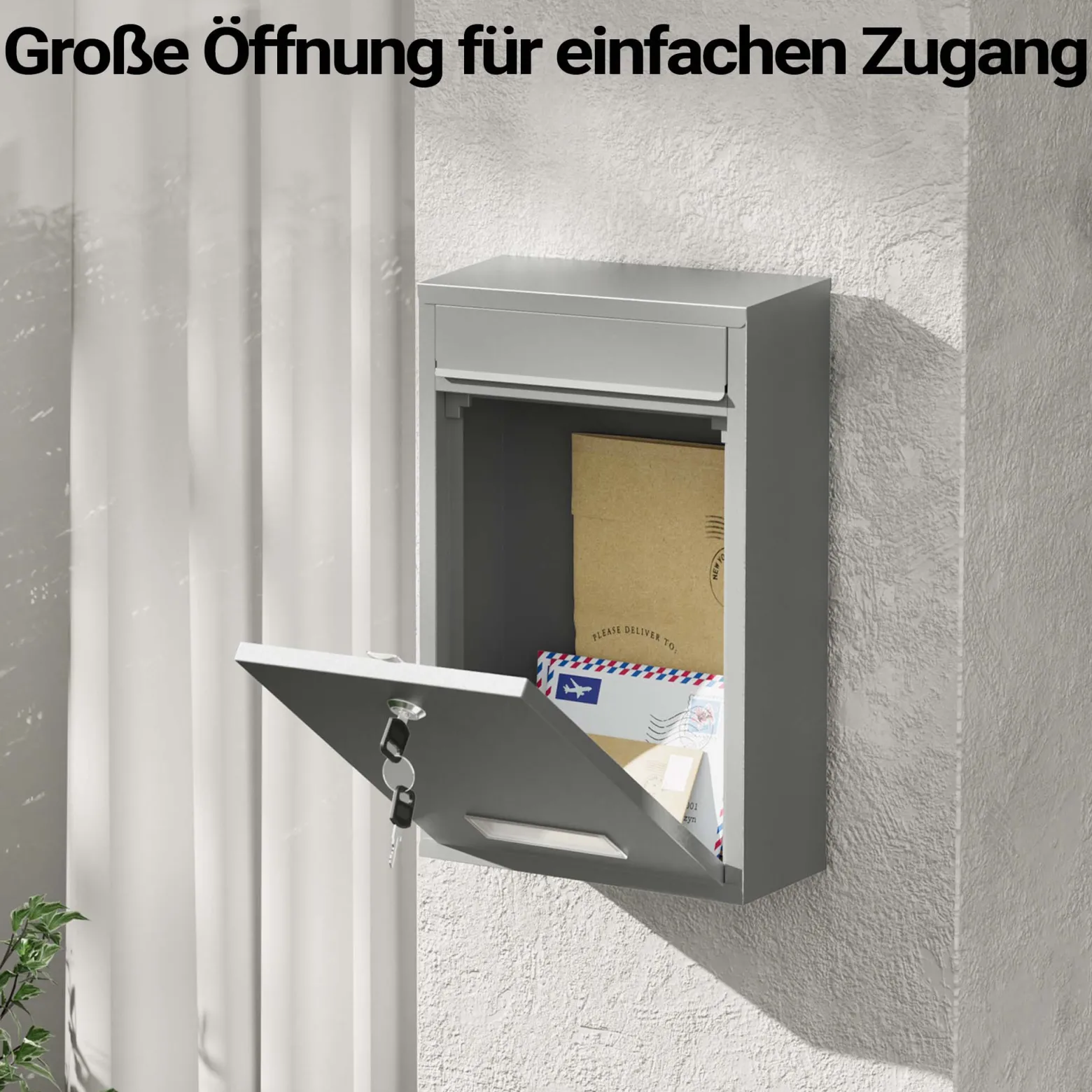 Wiltec Briefkasten silberfarben V11 Postkasten mit Namensschild, großem Briefschlitz und 2 Schlüsseln Wandbriefkasten aus pulverbeschichtetem Stahl