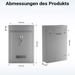 Wiltec Briefkasten silberfarben V11 Postkasten mit Namensschild, großem Briefschlitz und 2 Schlüsseln Wandbriefkasten aus pulverbeschichtetem Stahl