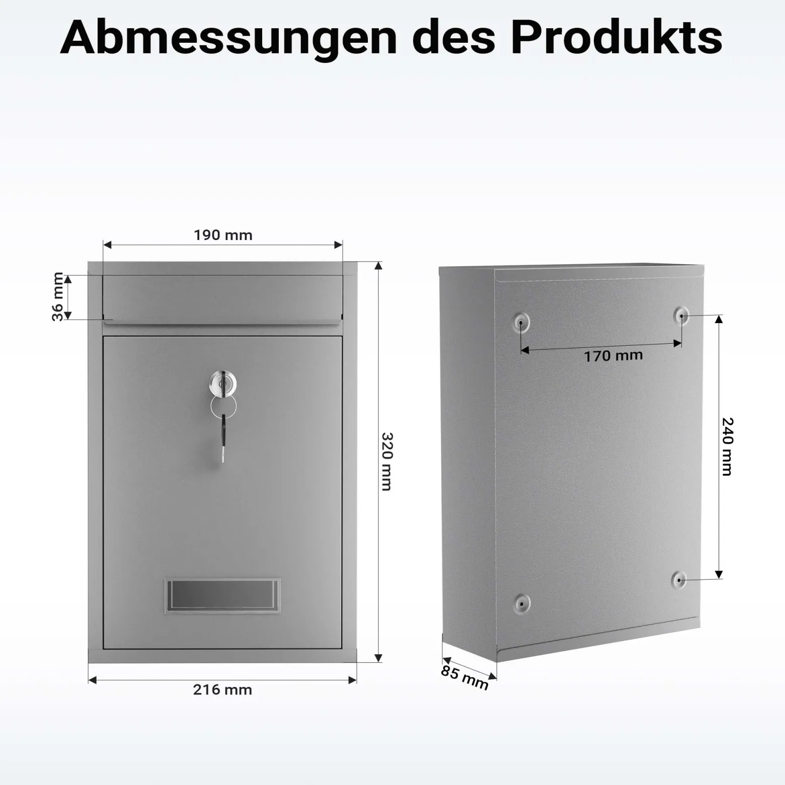 Wiltec Briefkasten silberfarben V11 Postkasten mit Namensschild, großem Briefschlitz und 2 Schlüsseln Wandbriefkasten aus pulverbeschichtetem Stahl