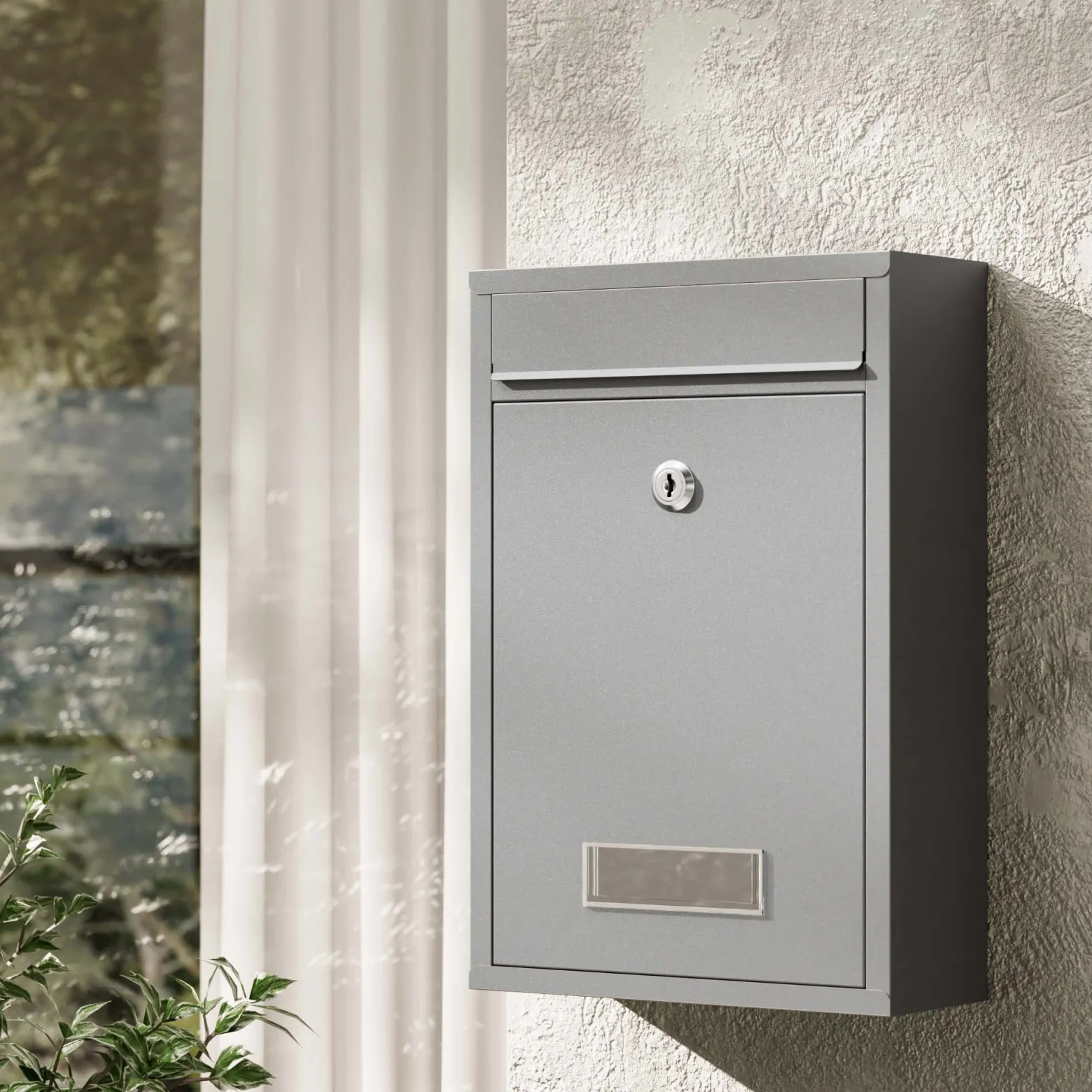 Wiltec Briefkasten silberfarben V11 Postkasten mit Namensschild, großem Briefschlitz und 2 Schlüsseln Wandbriefkasten aus pulverbeschichtetem Stahl