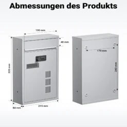 Wiltec Briefkasten silberfarben 215x320x90mm Briefkasten mit Zahlenschloss, Namensschild und Sichtfenster Postkasten aus pulverbeschichtetem Stahl