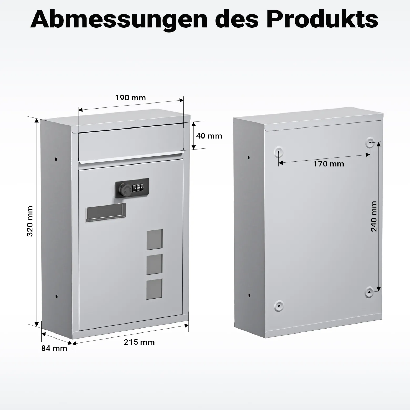 Wiltec Briefkasten silberfarben 215x320x90mm Briefkasten mit Zahlenschloss, Namensschild und Sichtfenster Postkasten aus pulverbeschichtetem Stahl