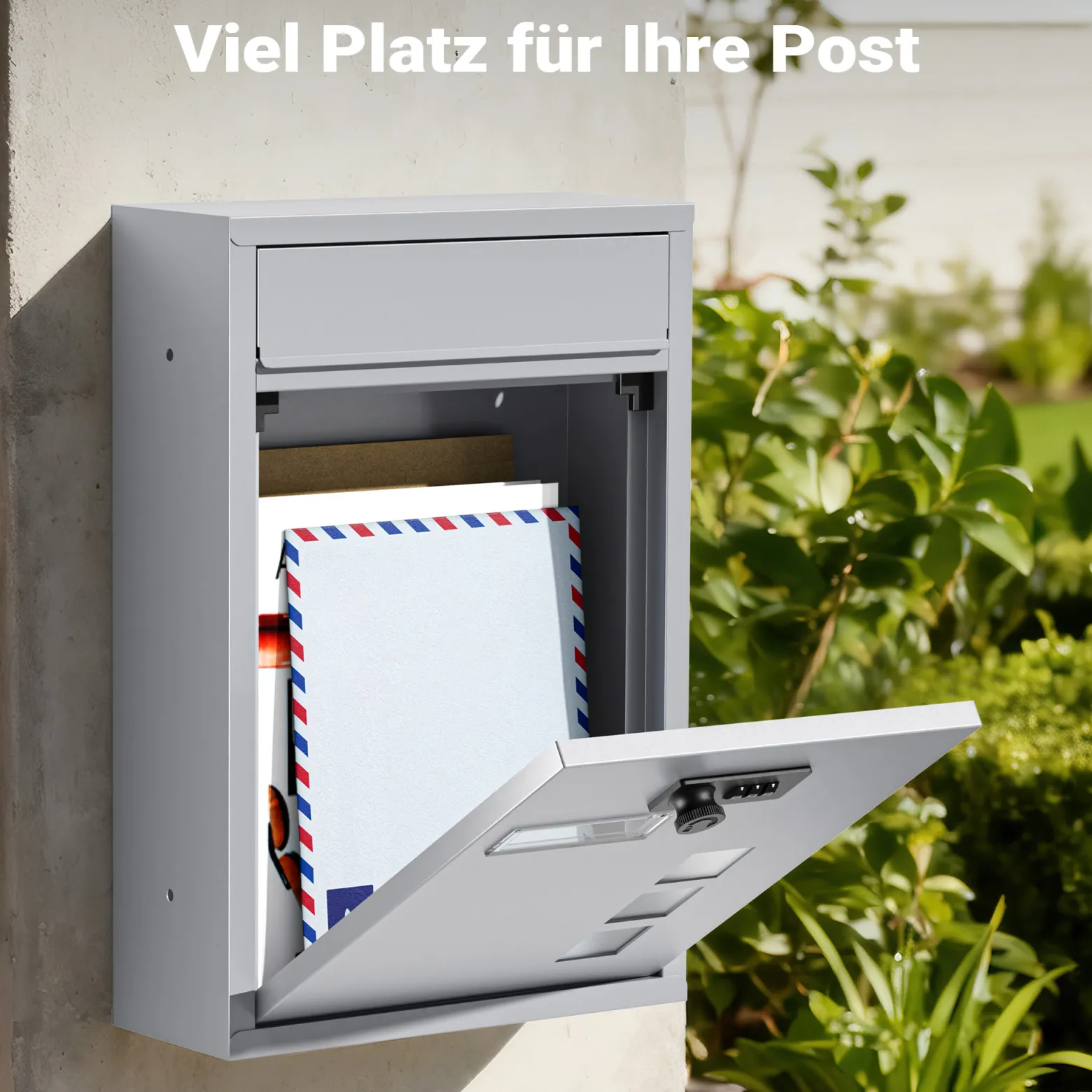 Wiltec Briefkasten silberfarben 215x320x90mm Briefkasten mit Zahlenschloss, Namensschild und Sichtfenster Postkasten aus pulverbeschichtetem Stahl