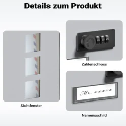 Wiltec Briefkasten silberfarben 215x320x90mm Briefkasten mit Zahlenschloss, Namensschild und Sichtfenster Postkasten aus pulverbeschichtetem Stahl