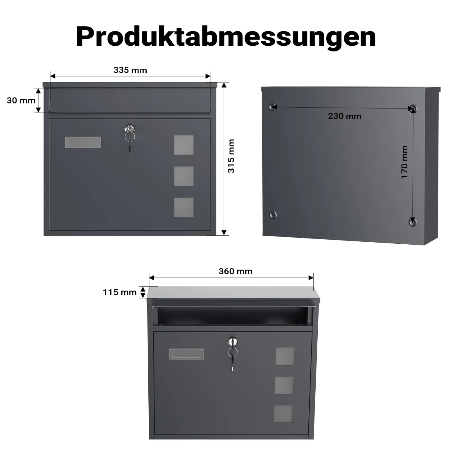 Wiltec Briefkasten V12 Anthrazit 360 x 115 x 320 mm, Wandbriefkasten mit Schloss, Sichtfenstern und Namensschild, Postkasten aus Stahl galvanisiert