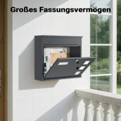 Wiltec Briefkasten V12 Anthrazit 360 x 115 x 320 mm, Wandbriefkasten mit Schloss, Sichtfenstern und Namensschild, Postkasten aus Stahl galvanisiert