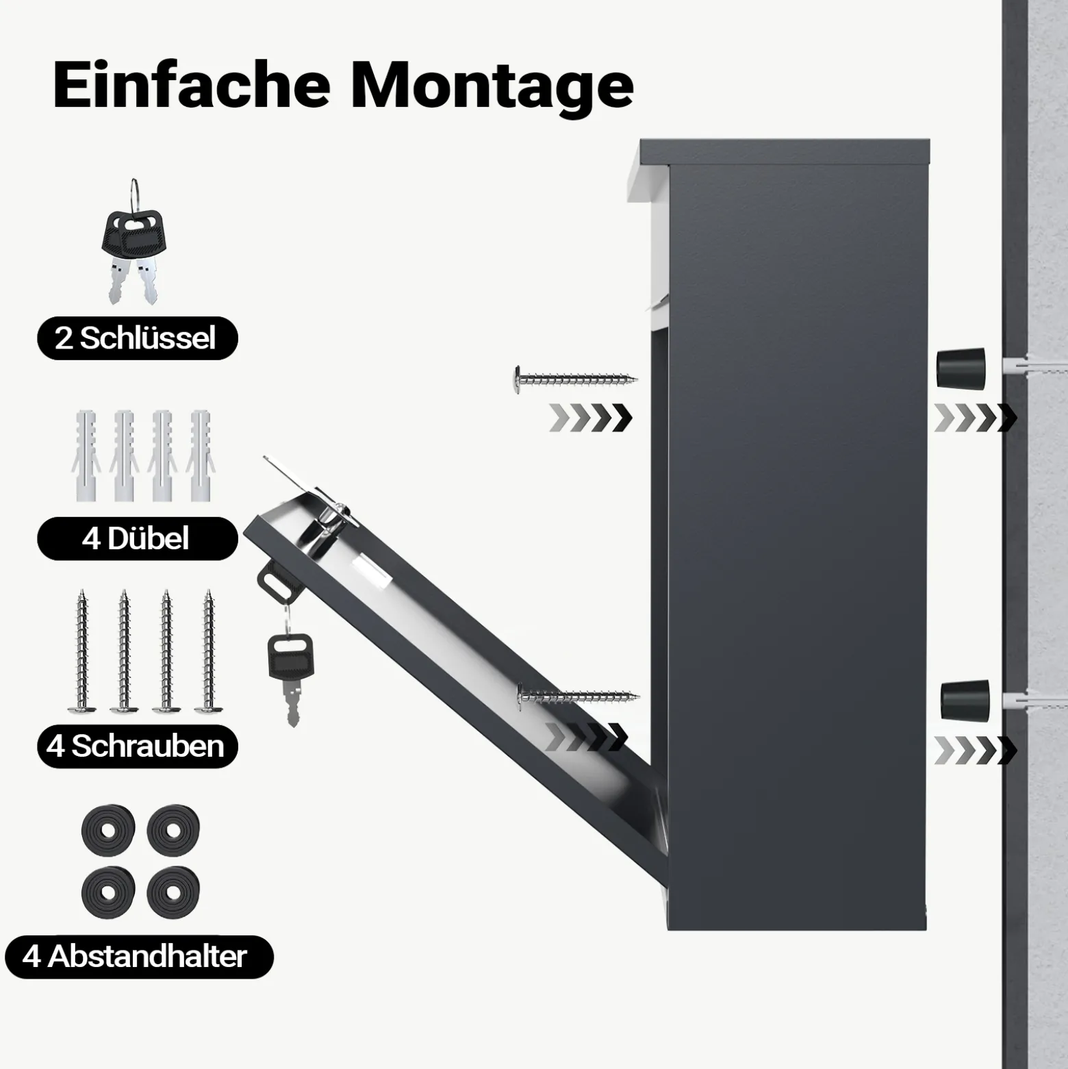 Wiltec Briefkasten V12 Anthrazit 360 x 115 x 320 mm, Wandbriefkasten mit Schloss, Sichtfenstern und Namensschild, Postkasten aus Stahl galvanisiert