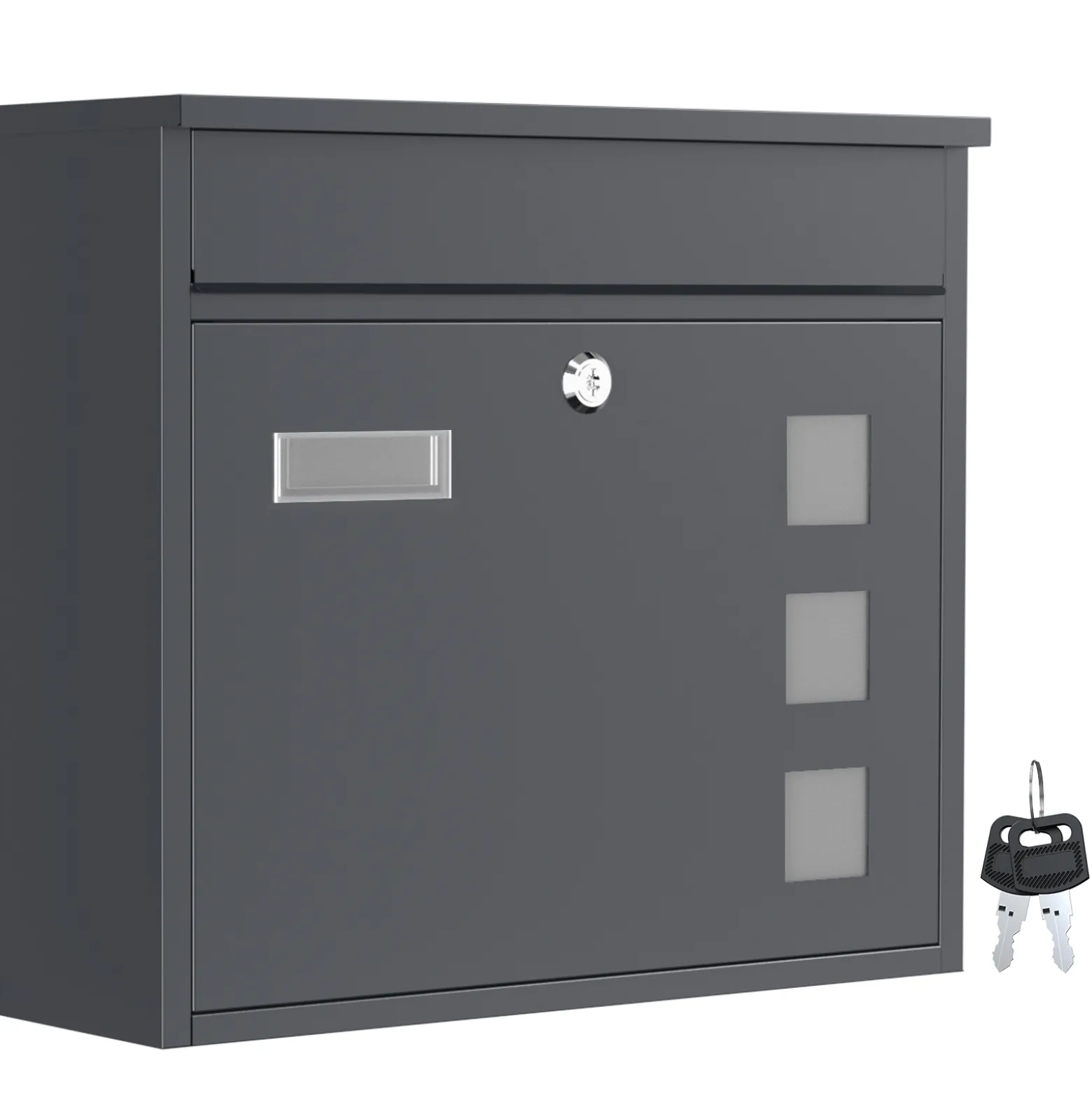 Wiltec Briefkasten V12 Anthrazit 360 x 115 x 320 mm, Wandbriefkasten mit Schloss, Sichtfenstern und Namensschild, Postkasten aus Stahl galvanisiert