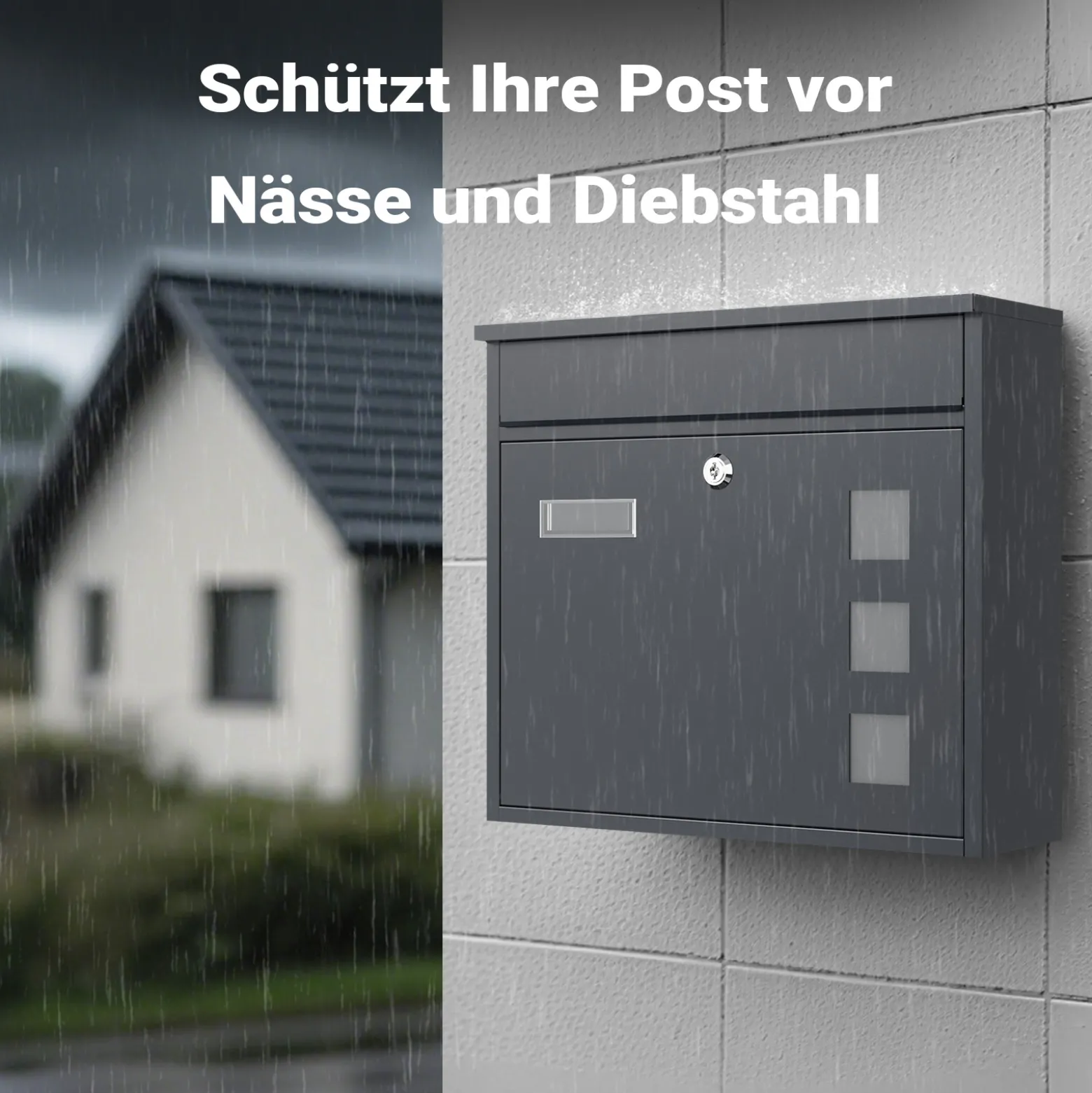 Wiltec Briefkasten V12 Anthrazit 360 x 115 x 320 mm, Wandbriefkasten mit Schloss, Sichtfenstern und Namensschild, Postkasten aus Stahl galvanisiert