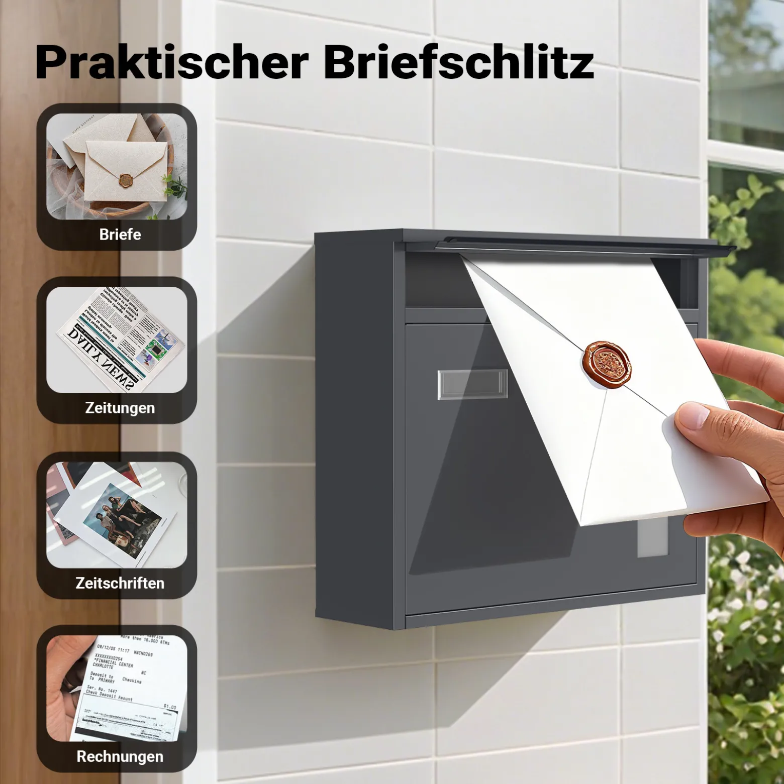 Wiltec Briefkasten V12 Anthrazit 360 x 115 x 320 mm, Wandbriefkasten mit Schloss, Sichtfenstern und Namensschild, Postkasten aus Stahl galvanisiert