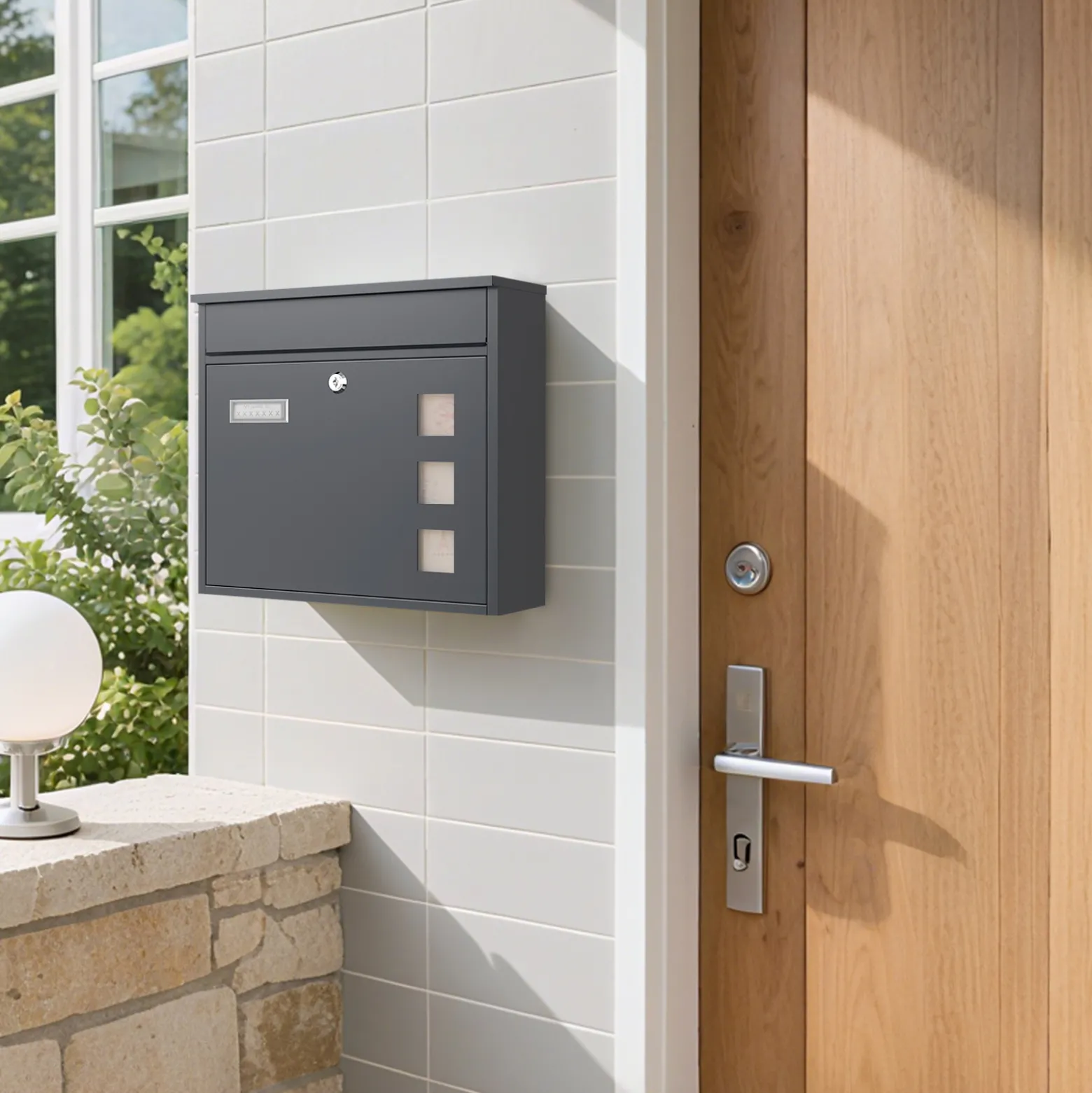 Wiltec Briefkasten V12 Anthrazit 360 x 115 x 320 mm, Wandbriefkasten mit Schloss, Sichtfenstern und Namensschild, Postkasten aus Stahl galvanisiert