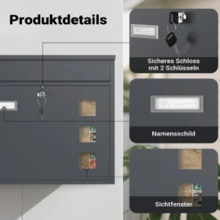 Wiltec Briefkasten V12 Anthrazit 360 x 115 x 320 mm, Wandbriefkasten mit Schloss, Sichtfenstern und Namensschild, Postkasten aus Stahl galvanisiert