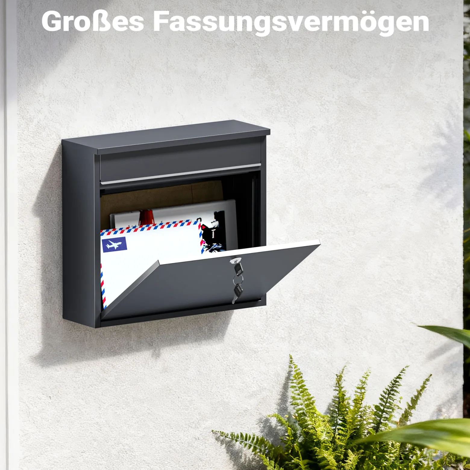 Wiltec Briefkasten V13 Anthrazit 360 x 105 x 315 mm, Wandbriefkasten mit Schloss und Klappe, Postkasten aus Stahl pulverbeschichtet