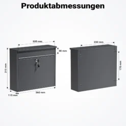 Wiltec Briefkasten V13 Anthrazit 360 x 105 x 315 mm, Wandbriefkasten mit Schloss und Klappe, Postkasten aus Stahl pulverbeschichtet