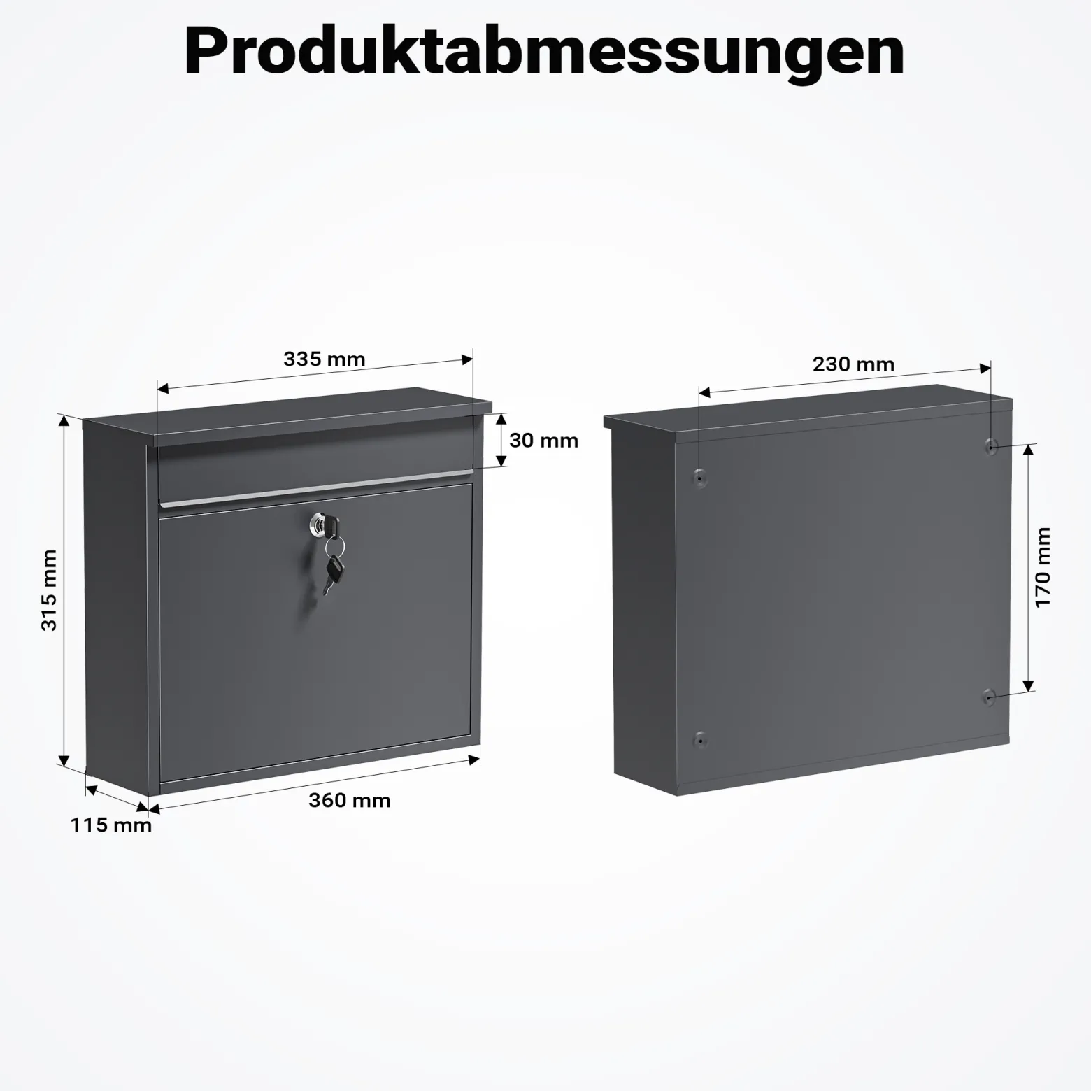 Wiltec Briefkasten V13 Anthrazit 360 x 105 x 315 mm, Wandbriefkasten mit Schloss und Klappe, Postkasten aus Stahl pulverbeschichtet