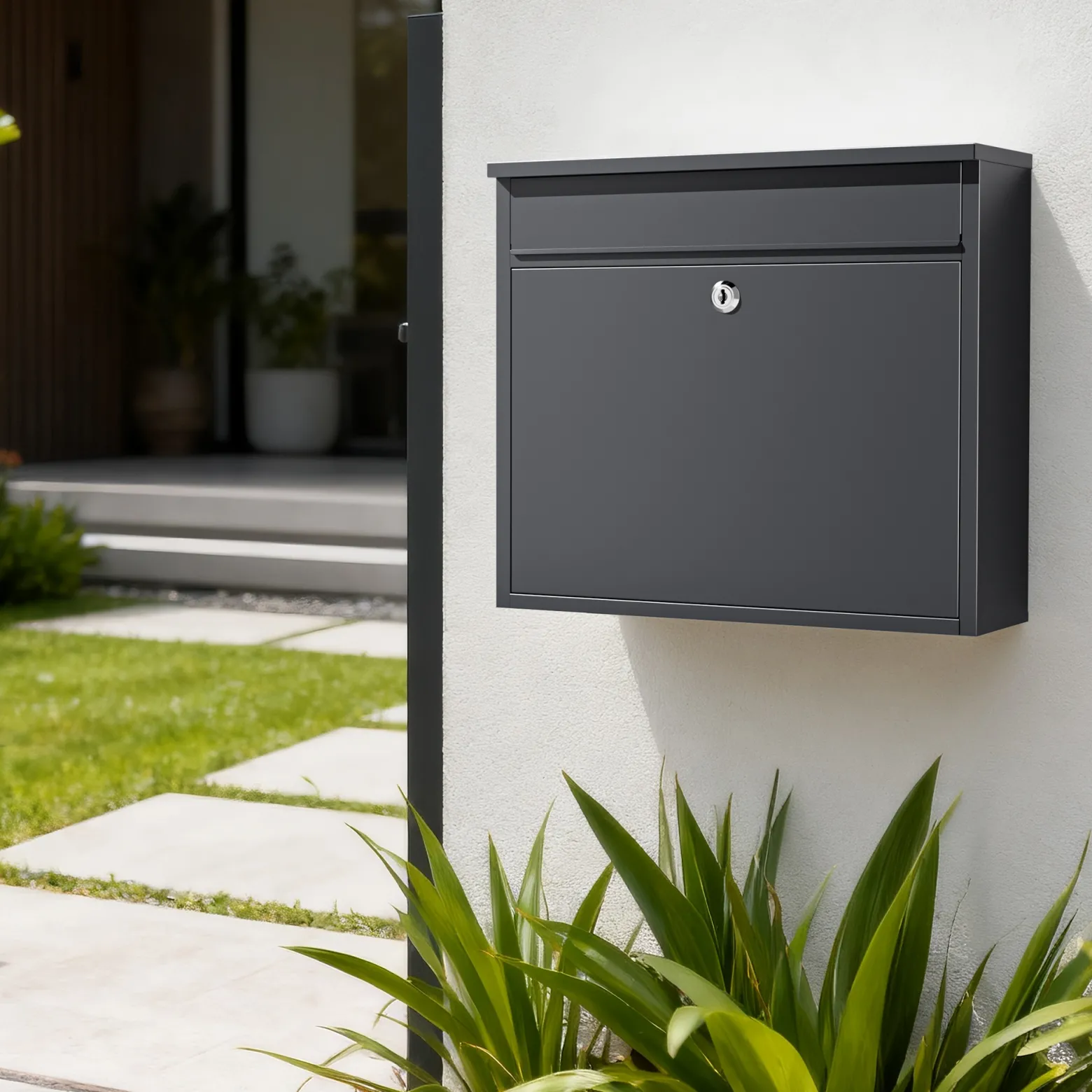 Wiltec Briefkasten V13 Anthrazit 360 x 105 x 315 mm, Wandbriefkasten mit Schloss und Klappe, Postkasten aus Stahl pulverbeschichtet