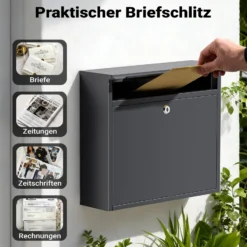 Wiltec Briefkasten V13 Anthrazit 360 x 105 x 315 mm, Wandbriefkasten mit Schloss und Klappe, Postkasten aus Stahl pulverbeschichtet