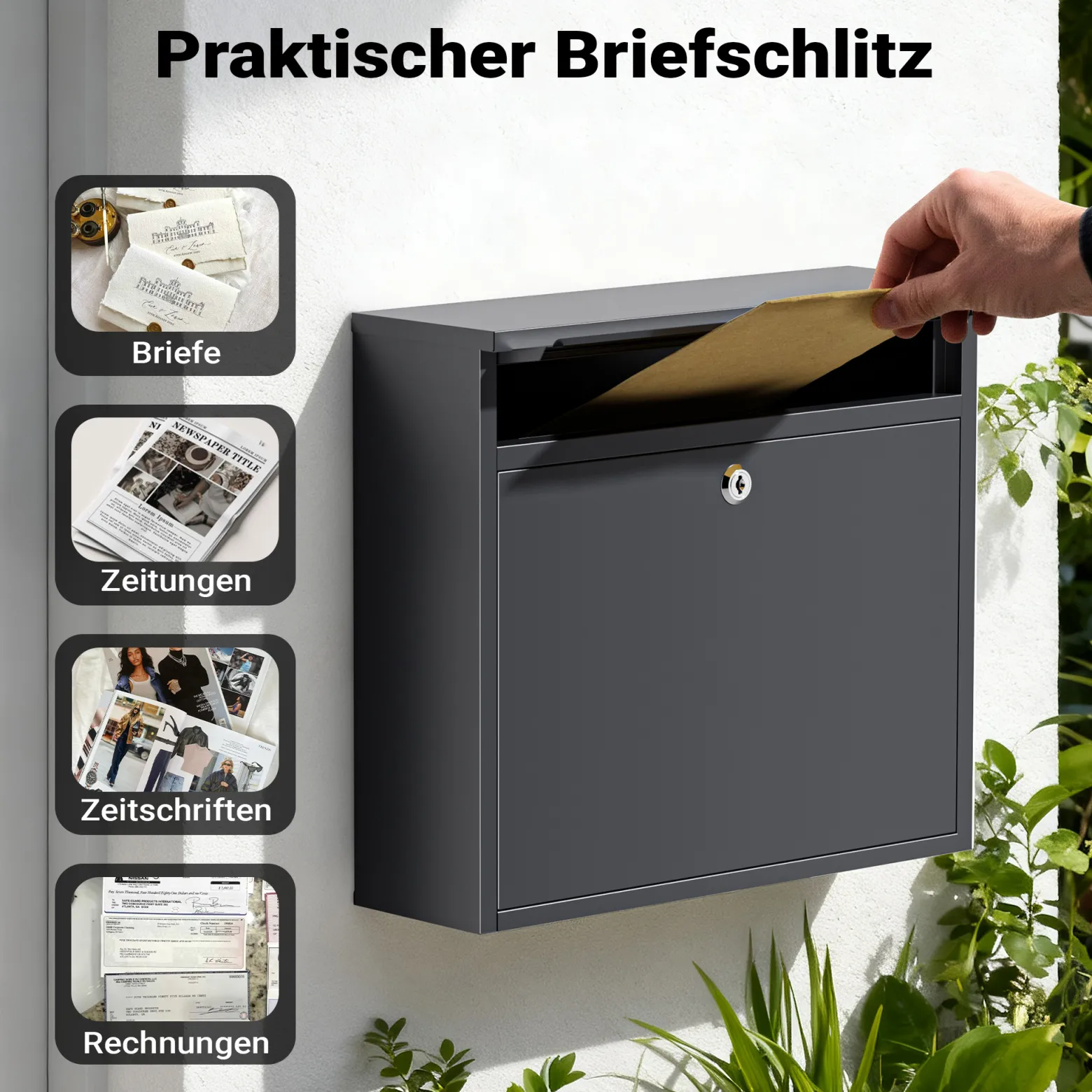 Wiltec Briefkasten V13 Anthrazit 360 x 105 x 315 mm, Wandbriefkasten mit Schloss und Klappe, Postkasten aus Stahl pulverbeschichtet