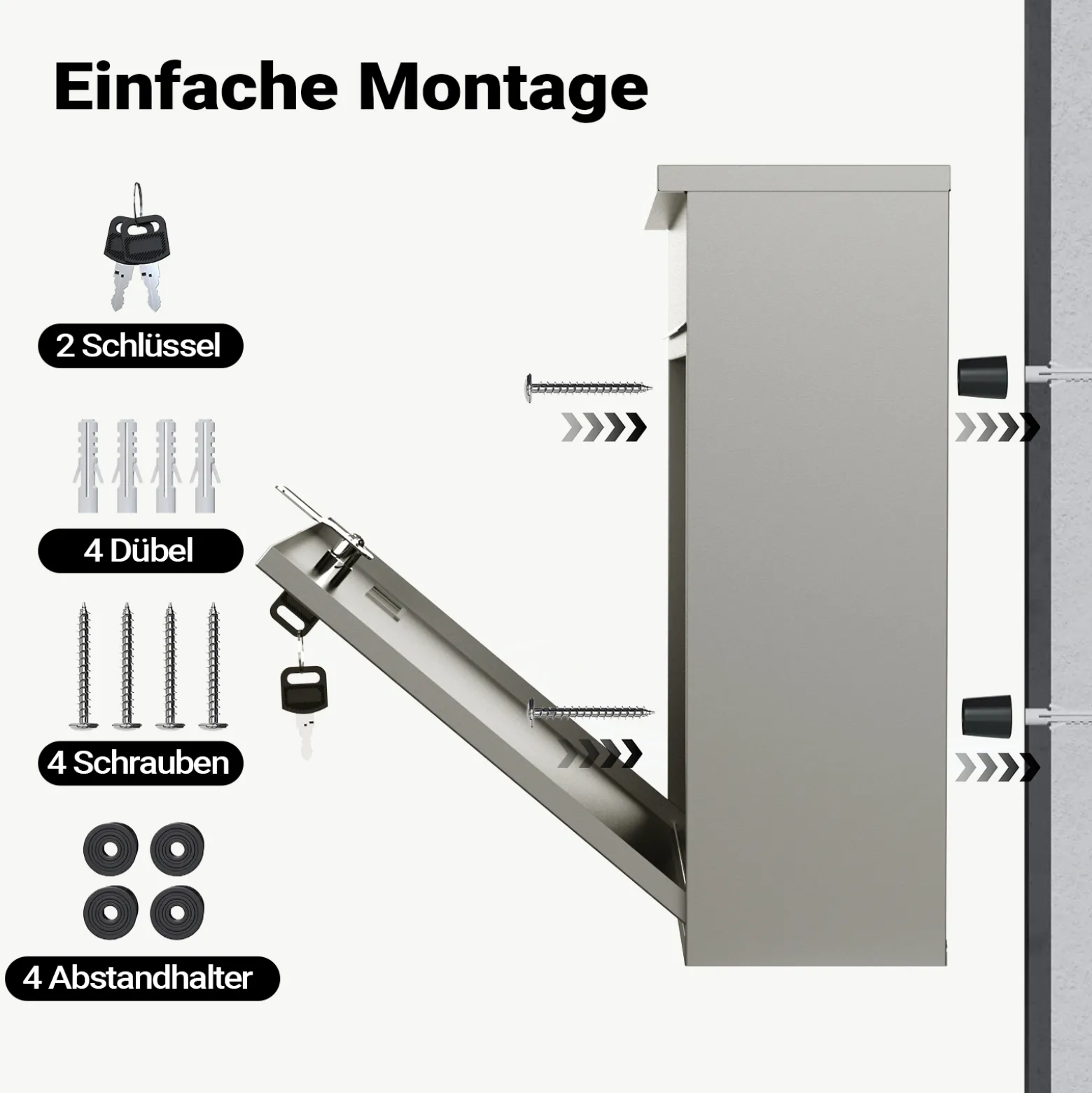Wiltec Briefkasten V12 Edelstahl 360 x 115 x 315 mm, Wandbriefkasten mit Schloss, Sichtfenstern und Namensschild, Postkasten aus Stahl